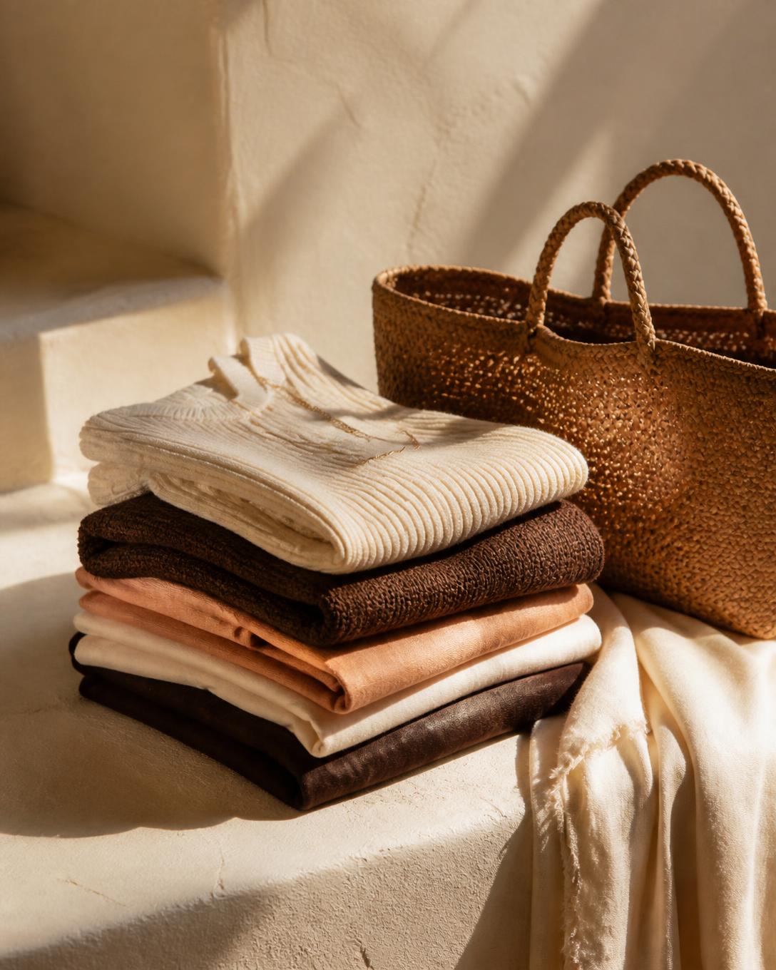 PICK'D thrift fashion editorial still life in chocolate, cream and peach tones